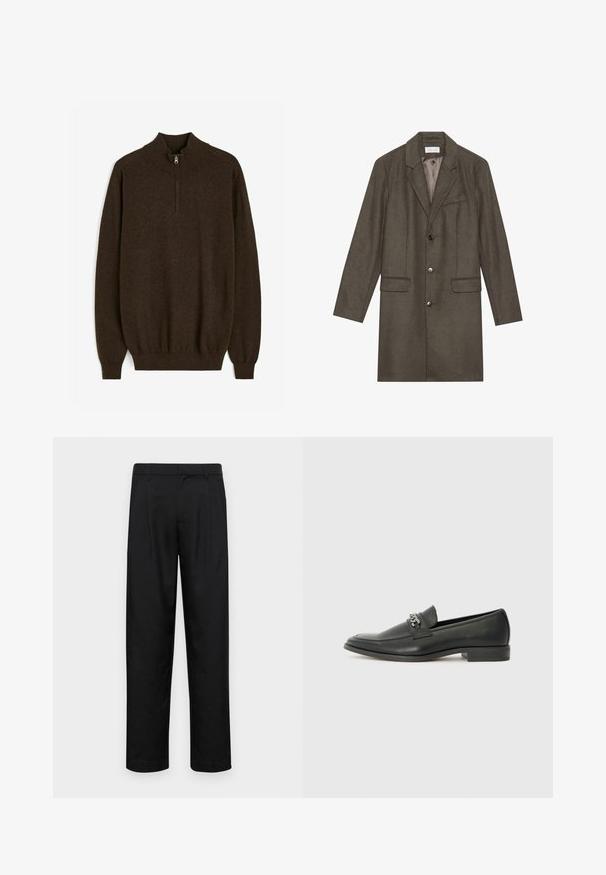 Donkergroene wollen jas tot de knie met notch-lapels, drie knopen aan de voorkant, twee klepzakken en één borstzak, volledig gevoerd van binnen.; Bruine trui met hoge kraag, halve rits en geribde manchetten en zoom. Heeft een gladde, gebreide textuur.; Zwarte broeken van gladde stof, met een recht model, twee voorknikken en een standaard tailleband met riemlussen.; Zwarte leren instapper met een gladde afwerking, voorzien van een gestikt ontwerp en een decoratieve metalen kettingaccent over de wreef. Platte hak.