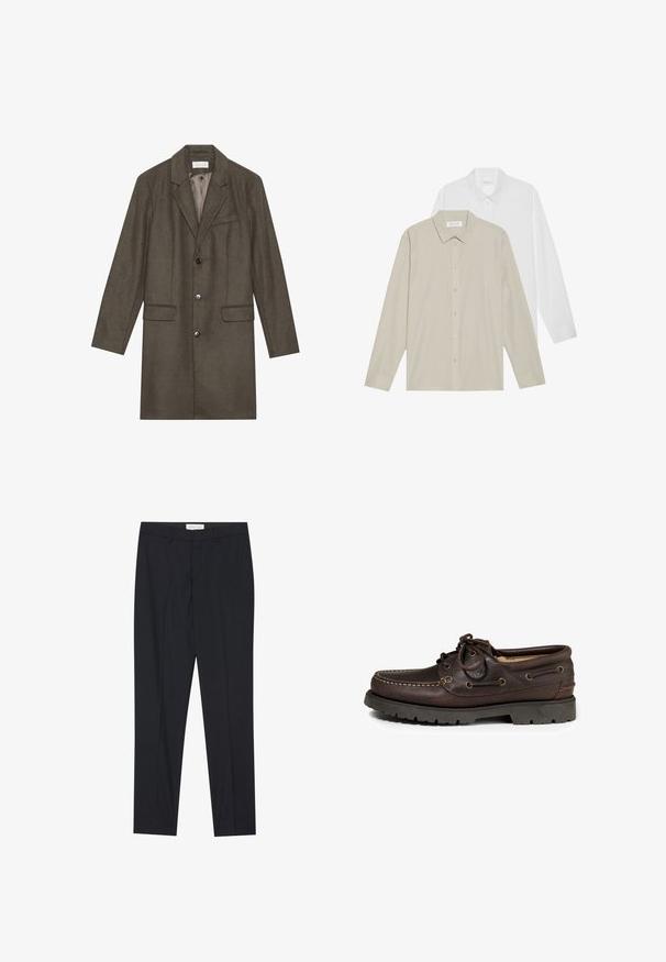 Tmavoolivový vlněný kabát po kolená s klopami, tromi prednými gombíkmi, dvoma vreckami s klopou a jedným náprsním vreckom, plne podšitý.; Dvoje tričiek s dlhými rukávmi: jedny sú z bielej látky, druhé sú béžové so tenkými vertikálnymi prúžkami. Obe majú golier a manžety na gombíky.; Čierne vychádzkové nohavice s plochým predným dielom, klasického strihu, vyrobené z hladkej tkaniny, s prešitou záhybmi a bočnými vreckami.; Hnedé kožené lodenice s okrúhlou špičkou, so šitím a kovovými očkami na šnúrky. Gumová podrážka s dezénom.