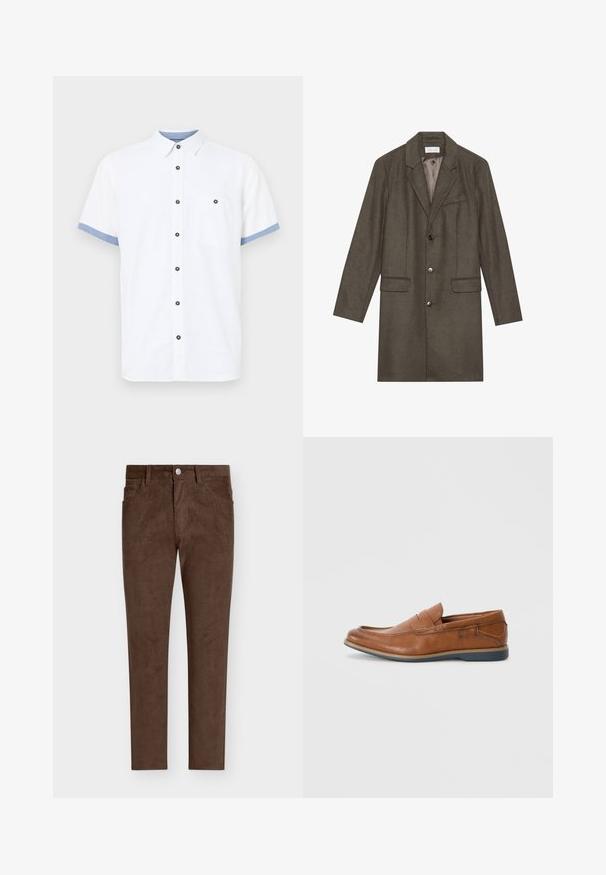 Tumši olīvu zaļas krāsas vilnas mēteles līdz ceļgaliem ar iegrieztām atlokiem, trim priekšējiem pogām, divām kabatām ar atlokiem un vienu krūšu kabatu, pilnībā oderēta iekšpusē.; Īsām piedurknēm balta krekls, kokvilnas audums, pogājama dizaina, zili akcenti uz piedurknēm, viena krūšu kabata, piecas tumšas pogas.; Brūni korduroja bikses ar taisnu griezumu, kas aprīkotas ar pogu aizdari, priekšējiem kabatām un vertikāli ribotu tekstūru visā audumā.; Brūnas ādas loafers ar apaļu purngalu, ar šuvēm un zemu gumijas zoli. Dizainā ir josla pāri augšējai daļai.