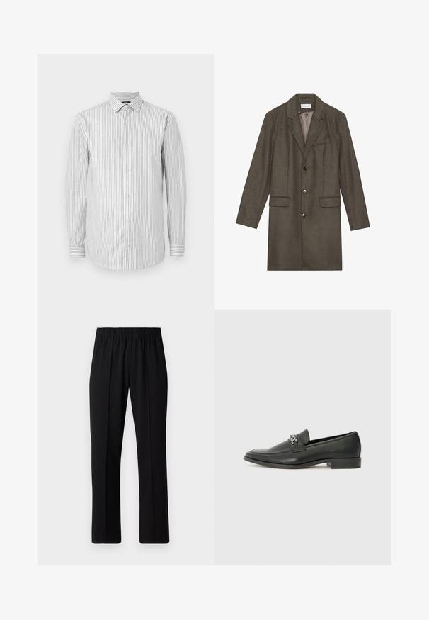 Tamsiai alyvuogių žalia vilnono paltas iki kelių, su įpjovimais, trimis priekiniais mygtukais, dviem kišenėmis su sklendėmis ir viena krūtinės kišene, visiškai pamuštas viduje.; Baltas ir šviesiai pilkas dryžuotas ilgomis rankovėmis marškinėliai su apykakle ir mygtukų uždarymu, turintis kontrastingus dryžuotus rankogalius ir lygią tekstūrą.; Juodos, elastingos juosmens kelnės su tiesiomis kojomis, turinčios lygų paviršių ir be matomų raštų ar detalių.; Juodos odinės loafer tipo bateliai su lygiu paviršiumi, turintys siuvinėtą dizainą ir dekoratyvų metalo grandinėlės akcentą ant batų viršaus. Plokščias kulnas.