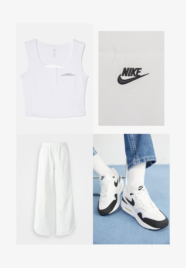 Svart broderad "NIKE"-logotyp på en vit tygbakgrund, med en böjd swoosh-design som skapar en skarp kontrast.; Vit kortärmad crop top gjord av bomullsblandat material. Har en nyckelhålsöppning bak och svarta tryckta logodetaljer fram.; Vita vida atletiska byxor med breda ben och ribbad midja samt subtil logodetalj. Slät tyg med avslappnad passform och avsmalnande fåll.; Nike Air Max-sneakers i vitt och svart, med ett meshliknande ovansidan, dämpad sula och ikoniska logotypdetaljer. Texturerad dekoration nära sulan.