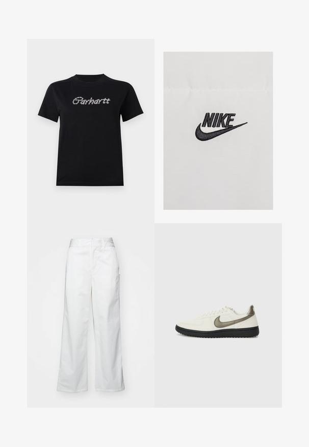 Schwarzes, gesticktes "NIKE"-Logo auf einem weißen Stoffhintergrund, mit einem geschwungenen Swoosh-Design, das einen starken Kontrast schafft.; Schwarzes Baumwoll-T-Shirt mit kurzen Ärmeln und rundem Halsausschnitt. Mit dem „Carhartt“-Logo in Weiß, strukturiert und kettenartig, über der Brust.; Weiße, weit geschnittene Hosen aus Baumwolle mit glatter Textur, geradem Schnitt, seitlichen Taschen und einem sauberen Saum.; Nike Sportswear FIELD GENERAL - Sneaker low - off-white/black