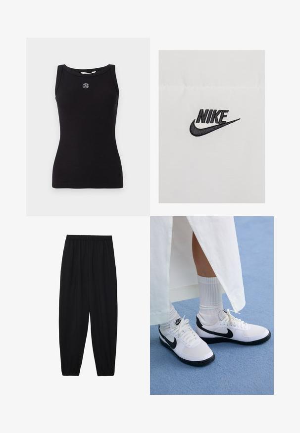 Black embroidered "NIKE" logo on a white fabric background, featuring a curved swoosh design, creating a stark contrast.; Black ribbed tank top with a round neckline. Features an embroidered logo in white on the chest and no additional patterns or textures.; Black, lightweight pants with an elastic waistband and gathered ankles. The fabric is smooth and features a relaxed, tapered design.; White Nike sneakers with black accents, featuring a smooth leather upper, white laces, and sturdy rubber outsoles, paired with white ribbed socks.