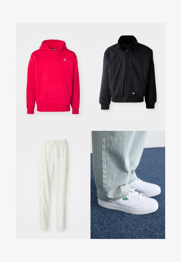 Giubbotto bomber nero con colletto foderato in pelliccia, chiusura con zip, polsini e orlo a coste, dotato di due tasche laterali e un piccolo logo vicino all'orlo.; Felpa rossa con cappuccio realizzata in tessuto morbido, dotata di una tasca a marsupio e un piccolo logo bianco sul petto. Polsini e orlo a costine.; Pantaloni jogger slim-fit bianchi con vita elasticizzata e cordino, caratterizzati da dettagli sulle cuciture laterali e un piccolo patch nero sulla gamba destra.; Sneakers in pelle bianca con logo Nike verde, punta rotonda, suola piatta, abbinati a pantaloni in denim azzurro, mostrati su un tappeto blu.