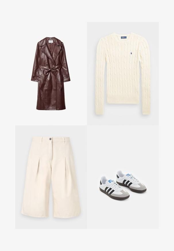 Burgundy keinonnahka trench takki leveillä kauluksilla, kaksoisnapit, vyöllä ja läpällä varustetuilla taskuilla valkoista taustaa vasten.; Kreemi kaabliga kudumiga sviiter pikkade varrukatega, ribakardinate ja hemiga, millel on vasakul rinnal väike tikkitud logo.; Beige lyhyt hame, joka on valmistettu puuvillakankaasta. Varustettu nappikiinnityksellä ja leveillä lahkeilla. Sujuva pinta ja siistit ompeluyksityiskohdat.; Urheilukengät, joissa on valkoinen nahkainen päällinen, harmaa mokkanokka ja kolme mustaa raitaa. Ominaisuuksina sininen logo kielekkeessä ja kuvioitu kumipohja.