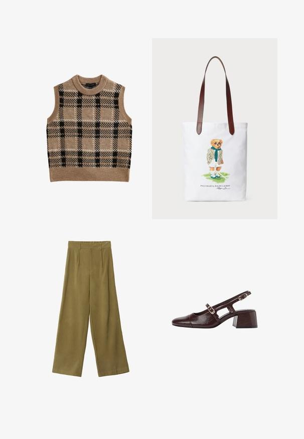 Bordeaux faux leren trenchcoat met brede revers, dubbele knopen, ceintuur in de taille en klepzakken op een witte achtergrond.; Beige gebreide mouwloze vest met een ronde hals, voorzien van een zwart-wit geblokt patroon en een geribbelde boord.; Brede broek in olijfgroen, gemaakt van zachte stof. Beschikt over een hoge taille, voorplooien en een soepele textuur.; Bruine leren slingback hakken met een vierkante neus, uitsneden aan de zijkanten en een blokhak. Voorzien van een gesp op de enkelband.; Canvas draagtas met een cartoonbeer in een groene sjaal en blazer, met bruinleren schouderbanden. Witte achtergrond, geprint ontwerp.