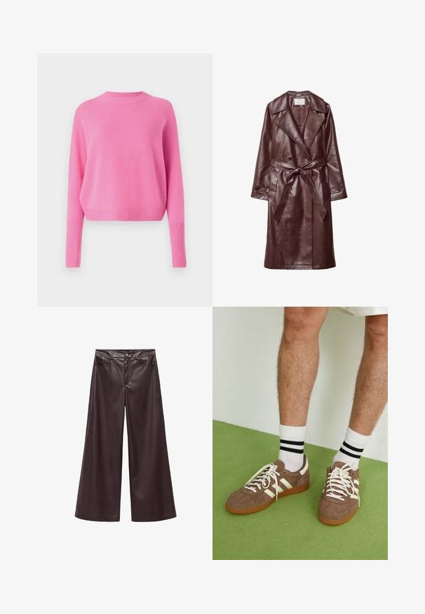 Burgundowy płaszcz trench z ekoskóry z szerokimi klapami, podwójnymi guzikami, paskiem w talii oraz kieszeniami z klapami na białym tle.; CLOSED - Sweter; Brązowe szerokie spodnie z ekologicznej skóry z wysokim stanem, z przodu kieszenie i klasyczne zapięcie na guzik. Gładka tekstura i matowe wykończenie.; Brązowe zamszowe sneakersy z białymi akcentami i sznurówkami. Gumowa, brązowa podeszwa. Noszone z białymi skarpetkami w czarne paski. Zielona teksturowana podłoga.