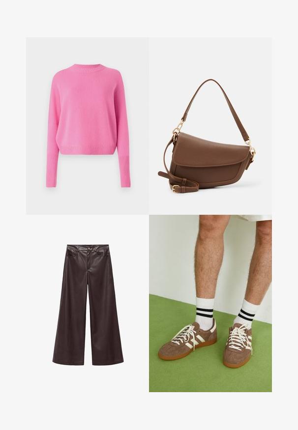 Burgundské kabát z umělé kůže s širokými klopami, dvouřadým zapínáním na knoflíky, páskem v pase a kapsami s klopami na bílém pozadí.; CLOSED CREW NECK CROPPED - Svetr - flamingo pink; Hnědé široké kalhoty z imitace kůže s vysokým pasem, které mají přední kapsy a klasické zapínání na knoflík. Hladký povrch a matný vzhled.; Hnědé semišové tenisky s bílými akcenty a tkaničkami. Gumová podrážka. Nošeny s bílými ponožkami s černými pruhy. Zelená strukturovaná podlaha.; Hnědá kožená taška přes rameno s texturovaným povrchem, zakřiveným tvarem, zlatými kovovými prvky, nastavitelným popruhem a klopovým zapínáním.