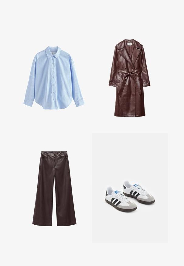 Burgunderfarbenes Kunstleder-Trenchcoat mit breiten Revers, doppelreihigem Knopfverschluss, tailliertem Gürtel und Klappentaschen auf einem weißen Hintergrund.; Hellblaues Button-up-Hemd aus gewebtem Stoff mit vertikalen weißen Streifen und kleinen Punkten. Es hat einen klassischen Kragen und lange Ärmel.; Braune Kunstleder-Hosen mit weitem Bein und hohem Bund, ausgestattet mit frontalen Taschen und einem klassischen Knopfverschluss. Weiche Textur und matte Oberfläche.; Sportschuhe mit einem Obermaterial aus weißem Leder, grauer Wildleder-Zehenkappe und drei schwarzen Streifen. Sie verfügen über ein blaues Logo auf der Zunge und eine strukturierte Gummisohle.