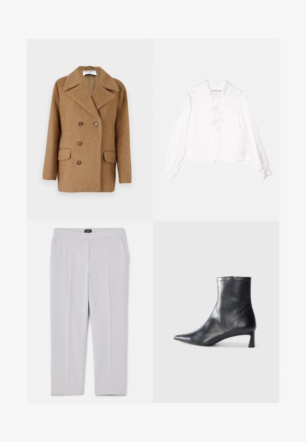 Brauner, doppelt gefütterter Mantel aus einem strukturierten Woll-ähnlichen Material, mit zwei vorderen Taschen und runden braunen Knöpfen. Design mit eingeschnittenem Kragen.; Weiße Bluse mit langen Ärmeln und Kragen, mit zentralem Schnürdetail, aus glattem Stoff gefertigt. Die Manschetten sind elastisch.; Hellegraue Hose aus glattem Stoff, mit einem Bund, seitlichen Taschen und einem geraden Bein mit leichten Falten.; Schwarze Lederstiefelette mit spitzer Zehe und schlankem Design. Verfügt über einen niedrigen Absatz und einen Reißverschluss hinten. Glatte Textur.