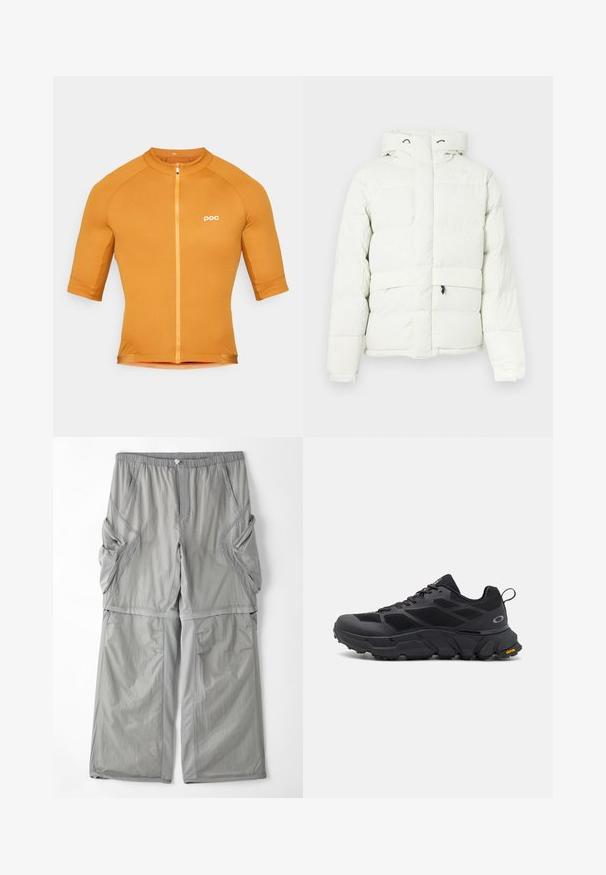 Balta pūkinė striukė su kapučonu, kuri turi užtrauktuką, siuvinėtą raštą, dvi priekinės kišenes ir subtilų prekės ženklą ant krūtinės.; POC THERMAL LITE - Dviratininko marškinėliai - bauxite brown; Šviesiai pilki, orui pralaidūs audinio kelnių, su elastinga juosmeniu, šoninėmis kišenėmis ir kontrastinga pilka apdaila siūlėse. Laisvas fasonas.; Juodi sportiniai batai su storu padu, tinklinėmis ir sintetinėmis medžiagomis, tekstūruotais akcentais ir Vibram prekės ženklu ant pado.