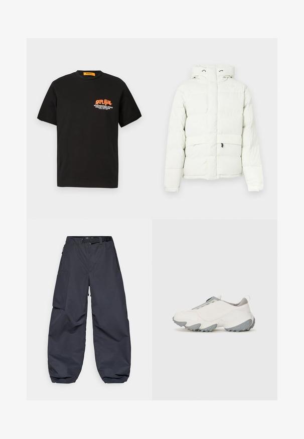Balts pūkains jaku ar kapuci, ar rāvējslēdzēja aizdari, quilted dizainu, divām priekšējām kabatām un diskrētu zīmolu uz krūtīm.; Melna kokvilnas T-krekls ar īsām piedurknēm, priekšā ar oranžu un baltu grafisku tekstu. Ar apaļu kakla izgriezumu, brīva piegriezuma.; Tumši pelēki cargo bikses, kas izgatavotas no mīkstas, izturīgas auduma. Tām ir plata, brīva piegriezuma forma, vairākas kabatas un josta gurniem, lai pielāgotu apģērbu.; Baltas sporta apavi ar pelēkiem akcentiem, ar struktūru, gumijas zoli un elegantu dizainu. Ievērojama papēža cilpa un bezsaišu konstrukcija.