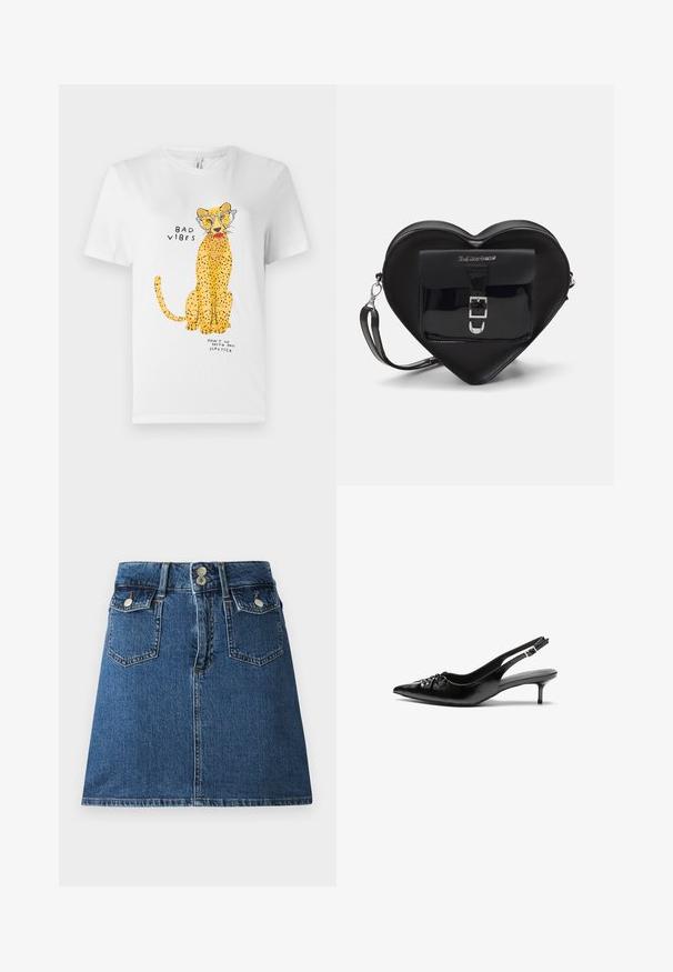 Zwarte leren jas met een cropped ontwerp, voorzien van een ritssluiting aan de voorkant, zakken met rits aan de zijkant, schouderepauletten en een ceintuur in de taille.; Witte katoen t-shirt met een gele luipaardafbeelding die een bril draagt, met de tekst "SLECHTE VIBES" en "GA NIET MET MIJN LIPSTIFT."; Denim rok in diepblauw, met een aansluitende tailleband, twee voorzakken, twee achterzakken en sluitingen met zilverkleurige knopen.; Zwarte leren slingback hakken met een spitse neus, kleine kittenhak en een decoratieve knoopdetail aan de voorkant. Smooth textuur overal.; Zwarte hartvormige tas van patenta leder met een voorvak met een gesp-sluiting en een afneembare schouderriem. Accenten van zilver hardware.