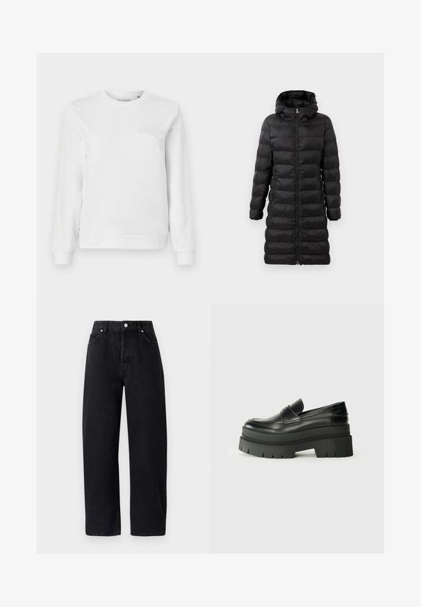 Geacă puffer neagră, de lungime până la genunchi, cu glugă, având un model matlasat orizontal, cu închidere prin fermoar frontal și buzunare laterale.; Hanorac alb cu guler rotund, fabricat din bumbac moale. Dispune de manșete și tiv cu o textură ribbed. Un logo brodat subtil este amplasat pe partea stângă a pieptului.; Jeans negre din denim, cu talie inalta si picior drept, dotate cu cinci buzunare, nituri metalice si cusaturi tonale. Textură netedă, design minimal.; Loafers din piele neagră cu o talpă platformă masivă. Vârf rotunjit, detalii cu cusătura frontală și accente subtile de broderie. Talpă plată, texturată.