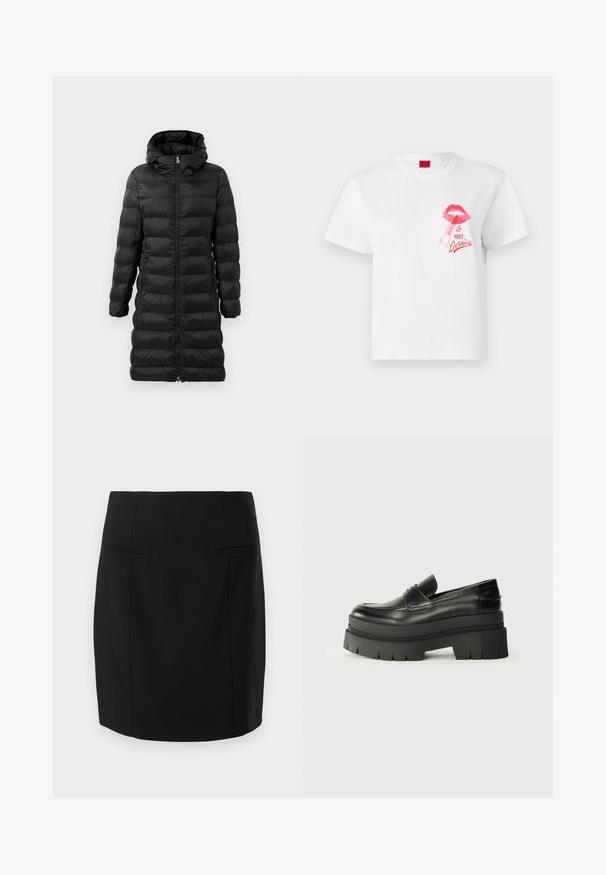 Črna napihnjena jakna, do kolen, s kapuco, z vodoravnim prešitjem, sprednjim zadrgo in stranskimi žepi.; Bela bomba majica s kratkimi rokavi, z rožnato ustnico in grafiko šminke, skupaj z besedilom "La Nuit Devious."; Črna svila krilo iz gladkega materiala, s prilegajočim se dizajnom, dvema sprednjima žepoma in dolžino do kolen.; Črne usnjene loafer čevlje s debelim platformastim podplatom. Okrogla oblika, detajl na sprednji šivi in subtilni šivi. Raven, teksturiran podplat.