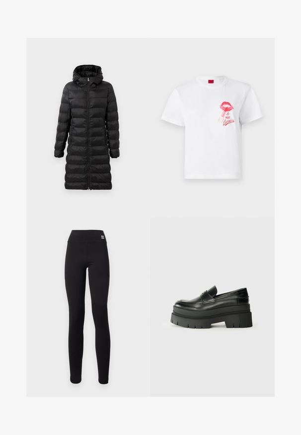 Manteau en doudoune noir, longueur genoux, avec une capuche, présentant un motif matelassé horizontal, fermeture éclair à l'avant et poches latérales.; T-shirt en coton blanc à manches courtes, orné d'un motif de lèvres roses et d'un graphic de rouge à lèvres, accompagné du texte "La Nuit Devious."; Leggings noirs avec une taille haute arborant le logo "HUGO" en blanc. Fabriqués en matériau lisse et extensible, conçus pour le confort et l'ajustement.; Mocassins en cuir noir avec une semelle plateforme épaisse. Bout arrondi, détail de couture sur le devant et accents de surpiqûres subtils. Semelle plate et texturée.