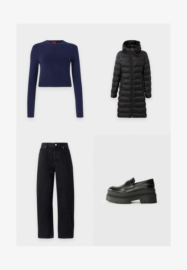 Schwarze Puffjacke in knielanger Ausführung mit Kapuze, versehen mit horizontalem Steppmuster, vorderem Reißverschluss und seitlichen Taschen.; Marineblaue, kurz geschnittene Langarmbluse aus einem weichen Stoff, mit runder Halslinie und geprägtem Logo auf der Brust.; Hoch taillierte, gerade geschnittene schwarze Denim-Jeans mit fünf Taschen, Metallnieten und tonalem Nähen. Glatte Textur, minimalistisches Design.; Schwarze Lederloafer mit einer klobigen Plateausohle. Abgerundete Spitze, Nahtdetail auf der Vorderseite und dezente Nähte. Flache, strukturierte Außensohle.