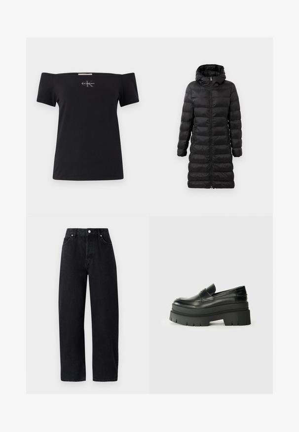 Čierna prešívaná bunda, po kolená, s kapucňou, so horizontálnym prešívaním, predným zipsom a bočnými vreckami.; Čierne tričko s odhalenými ramenami vyrobené z bavlny s krátkymi rukávmi. Na prednej strane je malé šedé logo Calvin Klein.; Čierne denimové džínsy s vysokým pásom a priame nohavice, s piatimi vreckami, kovovými nitmi a tónovaným prešívaním. Hladká textúra, minimalistický dizajn.; Čierne kožené loafers s masívnou platformou. Zaoblená špička, predný šev a jemné švy. Plošná, štruktúrovaná podrážka.