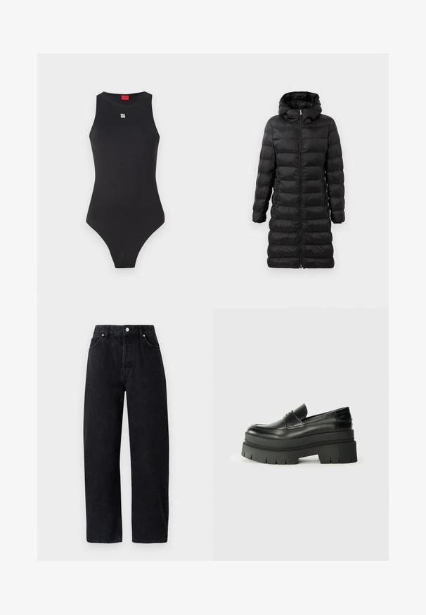 Sort puffjakke, knælængde, med hætte, med vandret quiltet mønster, frontlynlås og sidelommer.; Sort bodysuit med en ærmeløs design, lavet af glat materiale. Har et lille hvidt logo på brystet og et højt skåret benåbning.; Højtaljede, lige ben sorte denim jeans med fem lommer, metal nitter og tone-i-tone syninger. Glat tekstur, minimalistisk design.; Sorte læder loafers med en kraftig platformsål. Rund tå, forkant-søm detalje og subtile syninger. Flad, struktureret ydersål.