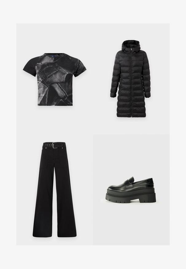 Juodas pūkinis paltas, iki kelių, su gobtuvu, su horizontaliu dvigubu siuvinėjimu, priekyje užtrauktukas ir šoninės kišenės.; Juodas trumpomis rankovėmis marškinėliai su dideliu džinsiniu spaudiniu, kišenėmis ir siūlėmis, pagaminti iš medvilnės mišinio audinio su tekstūruotu paviršiumi.; Juodos plačios kojų kelnės, pagamintos iš medvilnės, su aukšta liemene, didelėmis šoninėmis kišenėmis ir diržu, papuoštu sidabriniais akcentais.; Juodos odinės loafers tipo bateliai su masyviu platformos padu. Suapvalintas pirštas, priekinė siuvimo detalė ir subtilūs siuvinėjimo akcentai. Lygus, tekstūruotas padas.