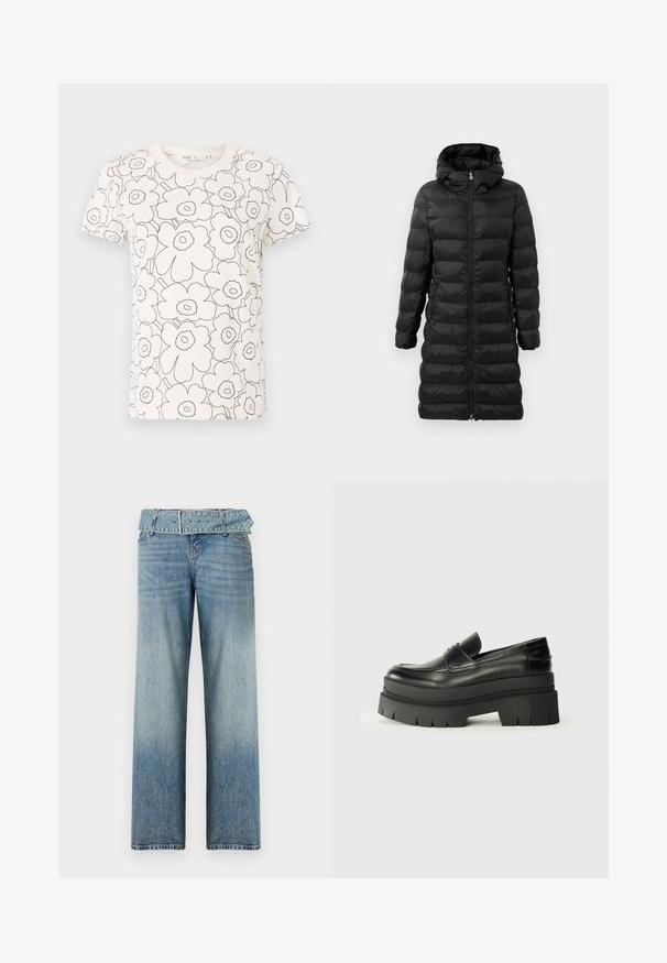 Juodas pūkinis paltas, iki kelių, su gobtuvu, su horizontaliu dvigubu siuvinėjimu, priekyje užtrauktukas ir šoninės kišenės.; Balta marškinėliai su juodu gėlių kontūro raštu, trumpomis rankovėmis, apvaliu kaklu, minkšta medžiaga, tiesus siluetas, minimalistiškas dizainas.; Šviesiai mėlynos džinsinės kelnės su plačiu kojų dizainu, turinčios derančią diržą juosmenyje ir palaipsniui šviesėjančias nuo tamsios iki šviesios.; Juodos odinės loafers tipo bateliai su masyviu platformos padu. Suapvalintas pirštas, priekinė siuvimo detalė ir subtilūs siuvinėjimo akcentai. Lygus, tekstūruotas padas.