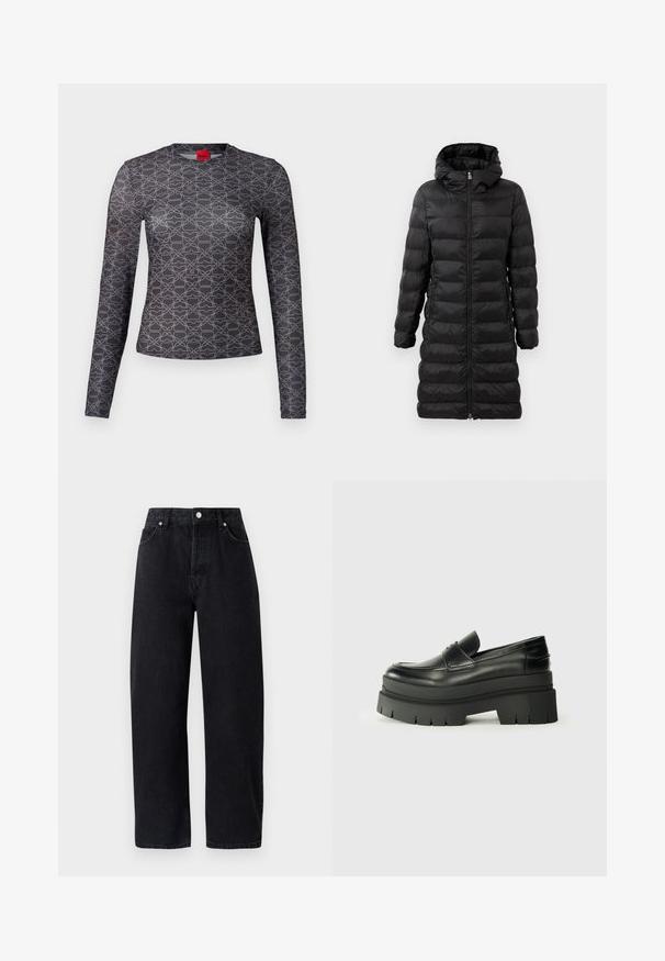 Mustern musta puffjakke, põlvepikkune, kapuutsiga, horisontaalse vatitud mustriga, esine lukuga ja küljetaskutega.; Mustade ja hallide toonidega pikkade varrukatega särk, millel on geomeetriline muster. Omab ümarat kaelust ja logodetaile nii esiküljel kui tagaküljel. Sile tekstuur.; Kõrge vöökohaga, sirged mustad denim püksid, viie taskuga, metallist nööpidega ja toon-toonis õmblustega. Sile tekstuur, minimalistik disain.; Mustad mustrennistest nahast mokad, millel on paks platvormi tald. Ümar varvas, eesmine õmblusdetail ja peened õmblemisaktsendid. Lame, tekstureeritud välistald.