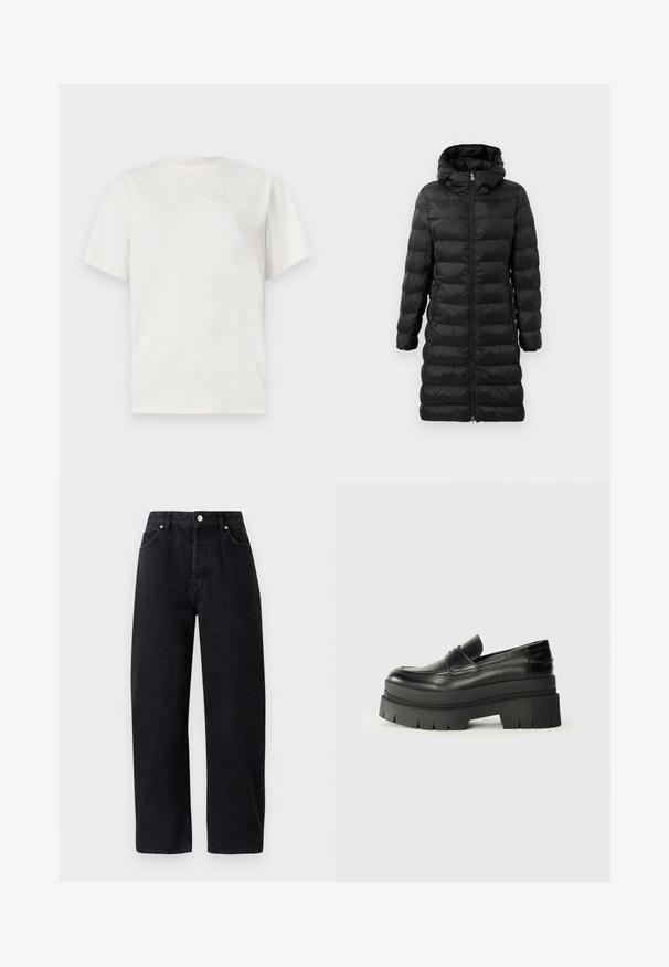 Black puffer coat, knee-length, with a hood, featuring horizontal quilted pattern, front zipper closure, and side pockets.; White cotton t-shirt with a crew neck, short sleeves, and a subtle embossed logo on the chest. Smooth texture and relaxed fit.; High-waisted, straight-leg black denim jeans with five pockets, metal rivets, and tonal stitching. Smooth texture, minimalistic design.; Black leather loafers with a chunky platform sole. Rounded toe, front seam detail, and subtle stitching accents. Flat, textured outsole.