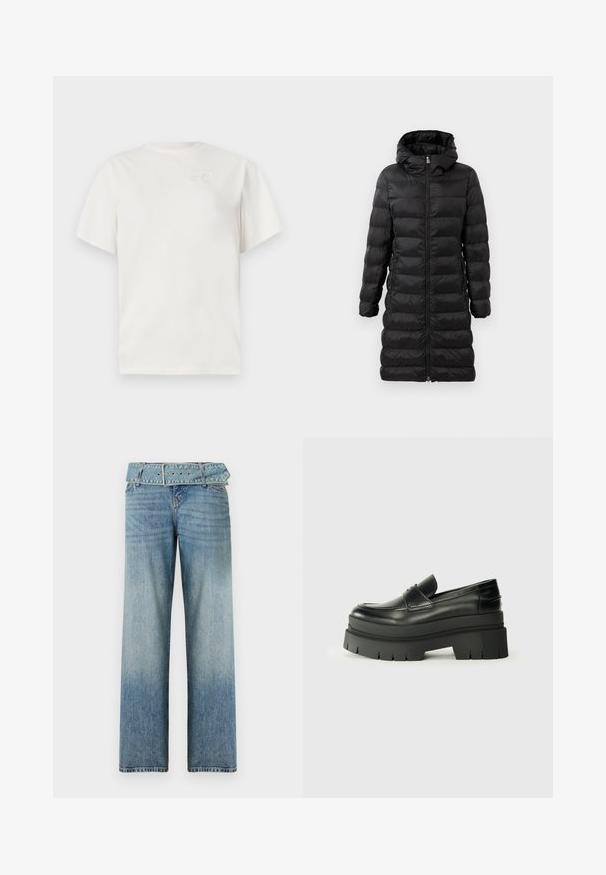 Schwarze Puffjacke in knielanger Ausführung mit Kapuze, versehen mit horizontalem Steppmuster, vorderem Reißverschluss und seitlichen Taschen.; Weißes Baumwoll-T-Shirt mit Rundhalsausschnitt, kurzen Ärmeln und einem dezenten vertieften Logo auf der Brust. Sanfte Textur und lockere Passform.; Helleblaue Jeans mit weitem Bein, ausgestattet mit einem passenden, gürtelschnallengeschlossenen Bund und einem allmählichen Verlauf von dunkel zu hell.; Schwarze Lederloafer mit einer klobigen Plateausohle. Abgerundete Spitze, Nahtdetail auf der Vorderseite und dezente Nähte. Flache, strukturierte Außensohle.