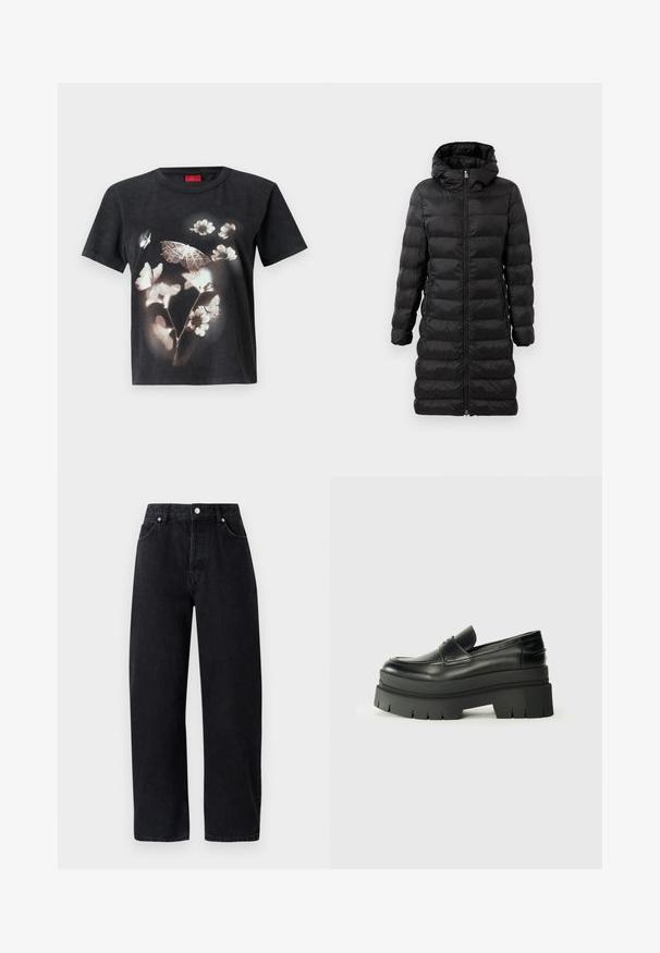 Sort puffjakke, knælængde, med hætte, med vandret quiltet mønster, frontlynlås og sidelommer.; Sort bomulds T-shirt med et stort hvidt grafisk motiv af blomster og sommerfugl på forsiden. Kortærmede og med rund halsudskæring.; Højtaljede, lige ben sorte denim jeans med fem lommer, metal nitter og tone-i-tone syninger. Glat tekstur, minimalistisk design.; Sorte læder loafers med en kraftig platformsål. Rund tå, forkant-søm detalje og subtile syninger. Flad, struktureret ydersål.