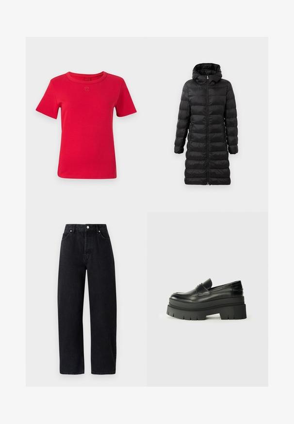 Sort puffjakke, knælængde, med hætte, med vandret quiltet mønster, frontlynlås og sidelommer.; Rød bomulds T-shirt med korte ærmer, rund halsudskæring og broderet "HUGO" logo på brystet. Glat tekstur og enkelt design.; Højtaljede, lige ben sorte denim jeans med fem lommer, metal nitter og tone-i-tone syninger. Glat tekstur, minimalistisk design.; Sorte læder loafers med en kraftig platformsål. Rund tå, forkant-søm detalje og subtile syninger. Flad, struktureret ydersål.