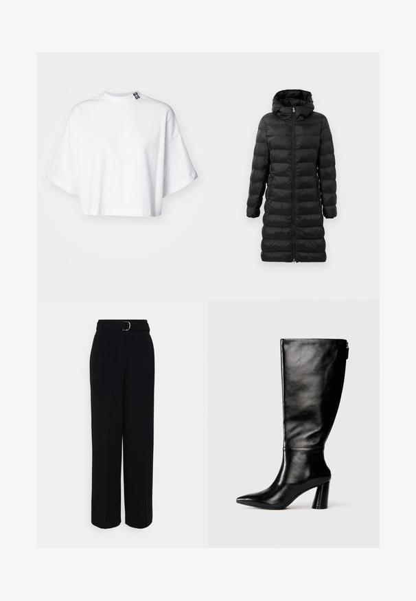 Musta puffatakkia, polvipituinen, hupullinen, jossa on vaakasuora tikattu kuvio, etuvetoketju ja sivutaskut.; Valkoinen lyhythihainen cropped t-paita, joka on valmistettu puuvillasta. Siinä on leveät lyhyet hihat ja korkea kaulus. "HUGO"-merkki on painettu mustana kaulukseen.; Mustat räätälöidyt housut, joissa on leveä lahkeensilhuetti, vyö hopeasoljella, laskokset ja sileä kankaan tekstuuri.; Mustat nahkasaappaat, joissa on terävä kärki, sileä pinta ja paksu korko. Takana on vetoketjuyksityiskohta.