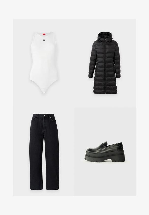 Mustern musta puffjakke, põlvepikkune, kapuutsiga, horisontaalse vatitud mustriga, esine lukuga ja küljetaskutega.; Valge bodi ilma varrukateta, ümmarguse kaelusega ja minimaalne must "HUGO" logo esiküljel. Sile tekstuur ja vormiv kuju.; Kõrge vöökohaga, sirged mustad denim püksid, viie taskuga, metallist nööpidega ja toon-toonis õmblustega. Sile tekstuur, minimalistik disain.; Mustad mustrennistest nahast mokad, millel on paks platvormi tald. Ümar varvas, eesmine õmblusdetail ja peened õmblemisaktsendid. Lame, tekstureeritud välistald.
