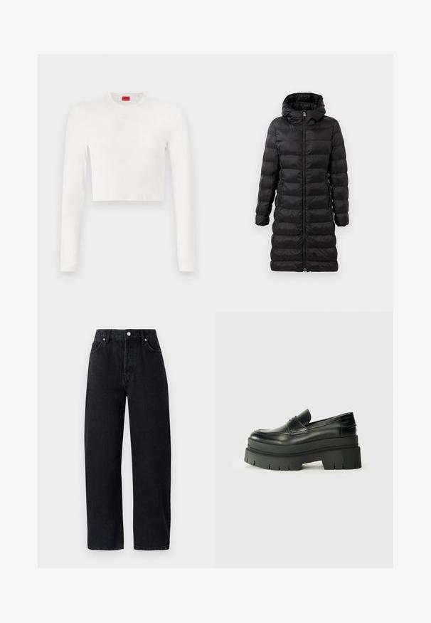 Svart dunjakke, kne-lengde, med hette, med horisontalt quiltet mønster, frontglidelås og sidelommer.; Hvit kortermet langermet topp laget av glatt stoff. Har rund hals og subtil logo detalj på brystet.; Høyt liv, rette ben svart denim jeans med fem lommer, metallnitter og ton-i-ton søm. Glatt tekstur, minimalistisk design.; Svarte skinnloafers med en kraftig plattformsåle. Rund tå, fremre sømdetalj og subtile sømdetaljer. Flat, teksturert yttersåle.