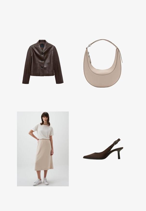 Braune Leder-Cropped-Jacke mit Spitzkragen, drei Knöpfen und zwei vorderen Taschen. Glatte Textur mit strukturierter Form.; Braunes ärmelloses Kleid mit einem drapierten Ausschnitt und asymmetrischem Design, verziert mit Spitzenakzenten entlang des unteren Randes. Glatte Stofftextur.; Jimmy Key BASIC COMFORTABLE MIDI SKIRT - A-Linien-Rock - bej-130; Braun Wildleder Slingback-Pumps mit spitzem Zeh, schlankem Design, dünnem Absatz und einer Schnallenakzent auf dem Knöchelriemen.; Beige Leder Schultertasche in Halbmondform, mit glatter Oberfläche und einem geschwungenen Henkel. Verfügt über einen Reißverschluss und saubere Nähte.