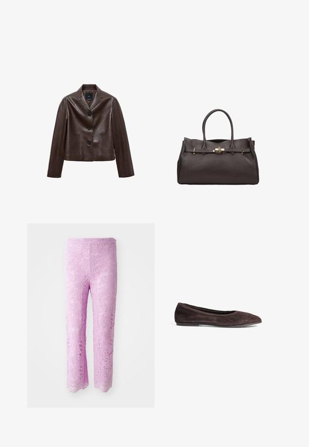 Brązowa skórzana kurtka o kroju krótkim z klapami, trzema guzikami i dwoma przednimi kieszeniami. Gładka faktura z wyraźnie zarysowanym kształtem.; Jasnoniebieska koszula z długim rękawem i kołnierzykiem mandaryńskim, z zapięciem na guziki z przodu oraz gładką bawełnianą fakturą. Prosty design, bez wzorów czy akcentów.; Różowe koronkowe spodnie z falbaniastym wykończeniem, zdobione misternymi wzorami kwiatowymi. Materiał wydaje się lekki i teksturowany, zaprojektowany z myślą o dopasowanej sylwetce.; Brązowe zamszowe baleriny z wąskim czubkiem i niskim profilem. Charakteryzują się gładką fakturą i minimalistycznym wzornictwem. Brak widocznych elementów metalowych lub dekoracji.; ESTRO WŁOSKIEJ ciemnobrązowy
