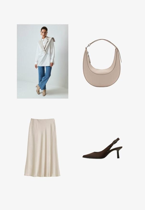 Brun læder cropped jakke med en spids krave, tre knapper og to forlommer. Glat tekstur med en struktureret form.; Hvid langærmet skjorte med en stor beige krave og knapdetaljer, parret med lyseblå flagrende jeans og beige hæle støvler.; Cremefarvet satin nederdel med en svævende silhuet. Har en glat tekstur og en elastisk talje for komfort. Ingen yderligere detaljer.; Brune suede slingback stiletto med spids tå, slankt design, tynd hæl og en spændeaccent på ankelremmen.; Beige læder skuldertaske med en halvmåneform, glat overflade og et enkelt buet håndtag. Har en lynlåslukning og pæne syninger.