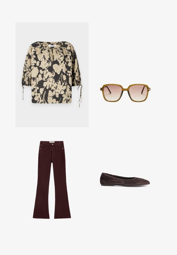 Brun læder cropped jakke med en spids krave, tre knapper og to forlommer. Glat tekstur med en struktureret form.; Sort og beige blomsterbluse med løs pasform, rund halsudskæring og pufærmer. Har bindebånd ved halsudskæringen og elastiske manchetter.; Bordeaux farvede flared jeans lavet af en bomuldsblanding, med fem lommer, metalhardware og en glat overflade. Klassisk design med lynlås foran.; Brune ruskinds ballerina med spids tå og lav profil. Har en glat tekstur og minimalistisk design. Ingen synlig hardware eller accenter.; Firkantede solbriller med en lysebrun gennemsigtig ramme, gradient rosa linser og mørkebrune tempelarme. Minimalistisk design med subtile hardwaredetaljer.