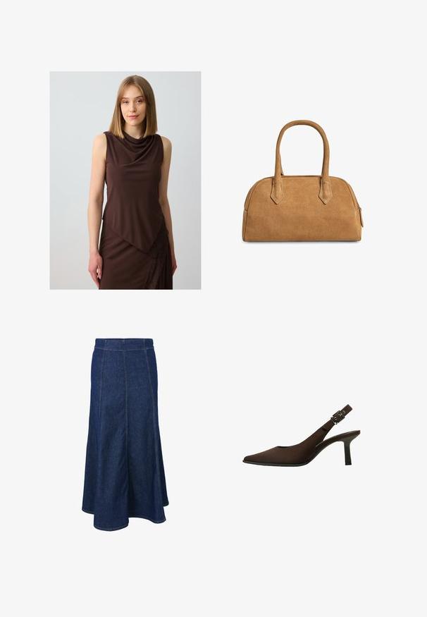 Braune Leder-Cropped-Jacke mit Spitzkragen, drei Knöpfen und zwei vorderen Taschen. Glatte Textur mit strukturierter Form.; Braunes ärmelloses Kleid mit einem drapierten Ausschnitt und asymmetrischem Design, verziert mit Spitzenakzenten entlang des unteren Randes. Glatte Stofftextur.; Jeansrock mit einem taillierten Bund, ausgestelltem Schnitt und sichtbaren Steppnähten. Dunkelblaue Farbe mit glatter Textur und seitlichen Schlitzen.; Braun Wildleder Slingback-Pumps mit spitzem Zeh, schlankem Design, dünnem Absatz und einer Schnallenakzent auf dem Knöchelriemen.; Tasche aus beigem Wildleder mit strukturierter Form, zwei Griffen, dreieckigen Ausschnitten und einem Reißverschluss oben zum Schließen.