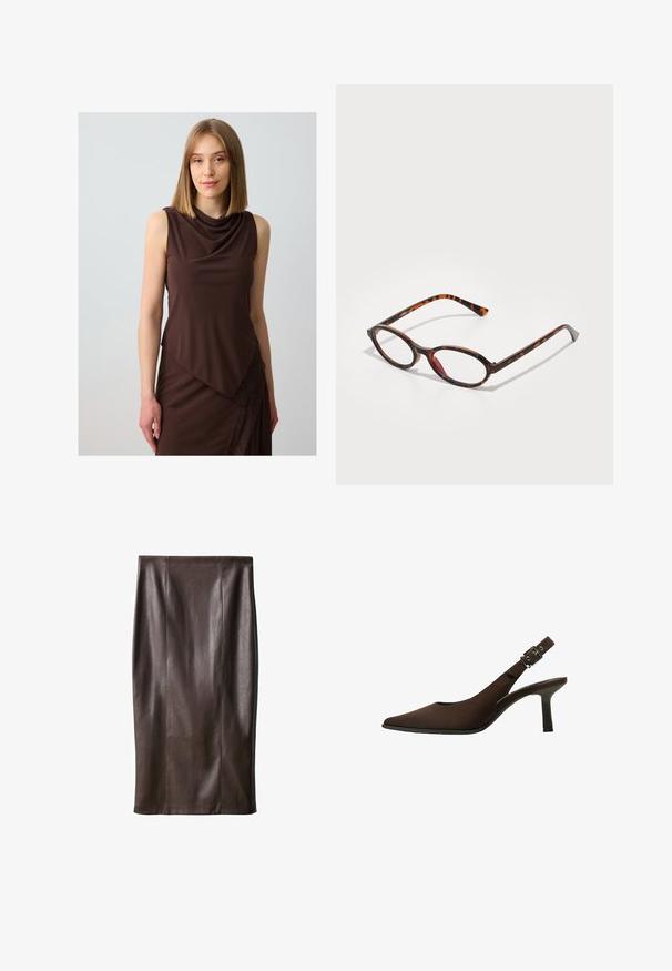 Braune Leder-Cropped-Jacke mit Spitzkragen, drei Knöpfen und zwei vorderen Taschen. Glatte Textur mit strukturierter Form.; Braunes ärmelloses Kleid mit einem drapierten Ausschnitt und asymmetrischem Design, verziert mit Spitzenakzenten entlang des unteren Randes. Glatte Stofftextur.; Brauner Leder-Bleistiftrock mit glatter Textur, knielang, mit vertikalen Nähten zur Gestaltung. Keine zusätzlichen Beschläge oder Akzente.; Braun Wildleder Slingback-Pumps mit spitzem Zeh, schlankem Design, dünnem Absatz und einer Schnallenakzent auf dem Knöchelriemen.; Schildpatt-Sonnenbrille mit ovalen Gläsern, ausgestattet mit einem dunklen Gestell mit hellen und dunklen Brauntönen sowie schlanken, geschwungenen Bügeln.; Beige Leder Schultertasche in Halbmondform, mit glatter Oberfläche und einem geschwungenen Henkel. Verfügt über einen Reißverschluss und saubere Nähte.