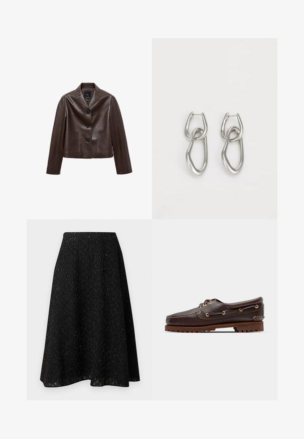 Brown leather cropped jacket with a notched collar, three buttons, and two front pockets. Smooth texture with a structured shape.; White sleeveless tank top made of smooth fabric, featuring a rounded neckline and a fitted silhouette. No visible patterns or accents.; Black midi skirt made of textured fabric, featuring a diamond pattern and subtle shimmer. A-line silhouette with a flowing shape.; Brown leather boat shoe with gold eyelets, round laces, and a textured brown rubber sole. Features stitched detailing and a raised logo.; Calvin Klein STATEMENT LINKS - Earrings - silver-coloured