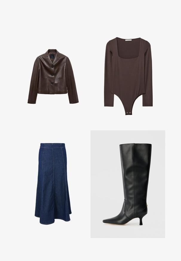 Brun läderkort jacka med slagkrage, tre knappar och två framfickor. Slät textur med en strukturerad form.; Brun långärmad bodysuit med fyrkantig halsringning och tryckknappar vid grenen, tillverkad av ett slätt, stretchigt material.; Jeanskjol med en åtsittande midja, utsvängd modell och synliga sömsdon. Mörkblå färg med en slät textur och sidoklyftor.; Svart läderknäskor med spetsig tå, elegant design och en avsmalnande klack på 7,5 cm. Har en guldfinish på baksidan.