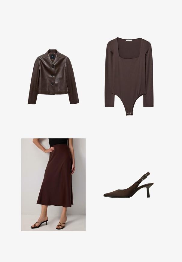 Brown leather cropped jacket with a notched collar, three buttons, and two front pockets. Smooth texture with a structured shape.; Brown long-sleeve bodysuit with square neckline and snap closures at the crotch, made from a smooth, stretchy fabric.; Brown, knee-length satin skirt with a flared silhouette. It features a smooth texture and a high waist design, paired with black heeled sandals.; Brown suede slingback pump with a pointed toe, sleek design, thin heel, and a buckle accent on the ankle strap.