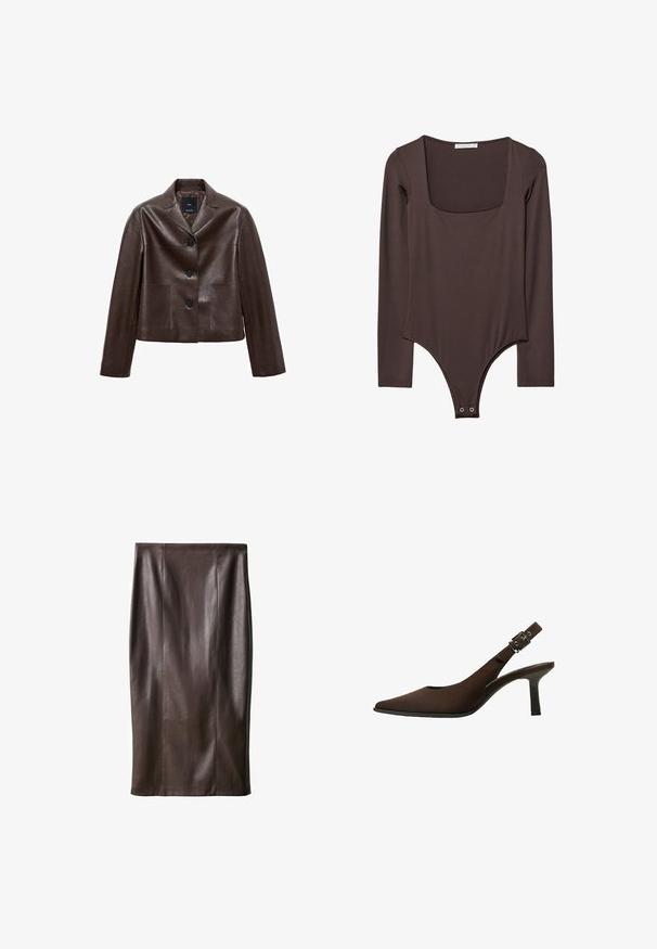 Bruine leren cropped jack met een notch-kraag, drie knopen en twee voortassen. Glad textuur met een gestructureerde vorm.; Bruine lange mouwen bodysuit met vierkante halslijn en drukknoopsluiting bij het kruis, gemaakt van een gladde, rekbare stof.; Bruine leren kokerrok met een gladde textuur, knie-lang, met verticale naden voor het ontwerp. Geen extra hardware of accenten.; Bruine suede slingback pump met een spitse neus, slank ontwerp, dunne hak en een gespaccent op de enkelband.
