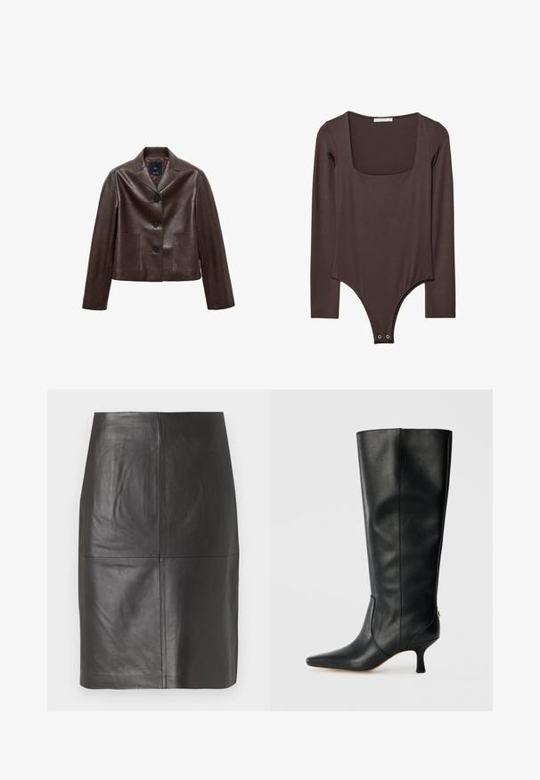 Ruskea nahkainen lyhyt takki, jossa on lovettu kaulus, kolme nappia ja kaksi etutaskua. Sileä pinta ja jämäkkä muoto.; Ruskea pitkähihainen body, jossa on neliönmuotoinen pääntie ja nepparit haarassa, valmistettu sileästä ja joustavasta kankaasta.; Musta nahkahame, jossa on sileä pinta, pystysuorat saumat ja suoraretinen muotoilu. Ei näkyvää metalliosaa tai koristereunoja.; Mustat nahka korkeavartiset saappaat, joissa on terävä kärki, tyylikäs muotoilu ja kapeneva 3-tuumainen korko. Takana on kultainen yksityiskohta.