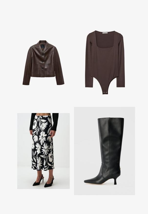 Braune Leder-Cropped-Jacke mit Spitzkragen, drei Knöpfen und zwei vorderen Taschen. Glatte Textur mit strukturierter Form.; Brauner Langarm-Body mit quadratischem Ausschnitt und Druckknöpfen im Schritt, hergestellt aus einem glatten, dehnbaren Stoff.; Schwarz-weiß bedruckter Rock mit floralem Muster, aus glattem Stoff gefertigt, mit einem mittellangen Design und fließender Silhouette. Kombiniert mit schwarzen spitzen Absätzen.; Schwarze Lederknöchelhohe Stiefel mit spitzem Zeh, schlankem Design und taperiertem 8 cm Absatz. Mit einem goldenen Akzent auf der Rückseite.