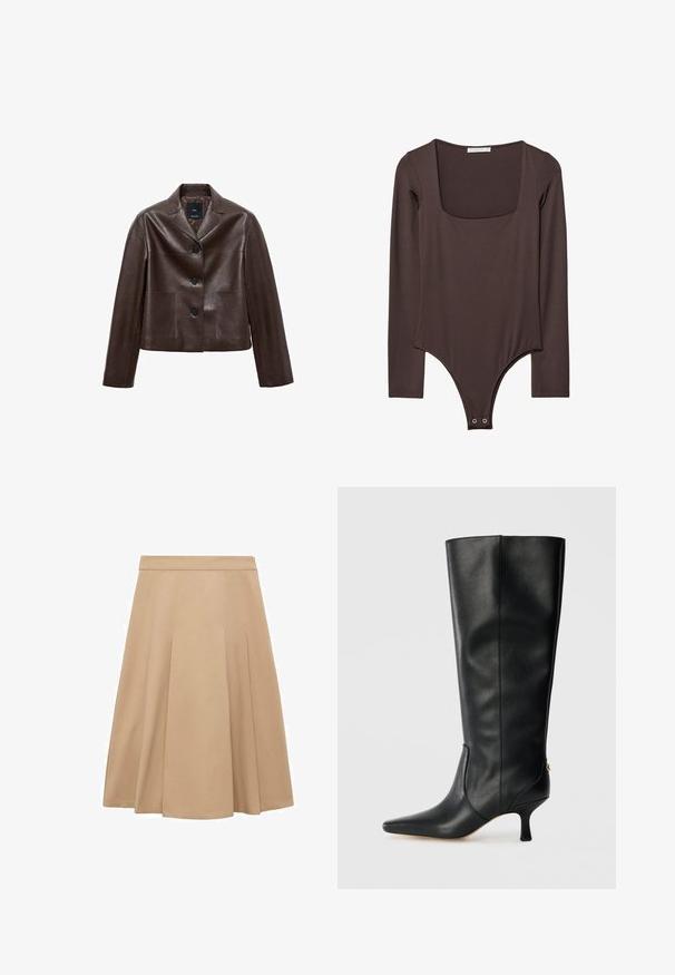 Rjav usnjen kratek jakna z izrezanim ovratnikom, tremi gumbi in dvema sprednjima žepoma. Gladka tekstura z strukturirano obliko.; Rjav bodi z dolgimi rokavi in kvadratnim izrezom ter ježki na preponah, izdelan iz gladkega in elastičnega materiala.; Bež krilo A-silhuete z gladko teksturo, ki vsebuje naborke, ki dodajajo polnost, ter pas, ki omogoča prilagoditev. Ravna obrobe na dnu.; Črne usnjene škornje do kolen s koničastim nosom, elegantnim dizajnom in zoženim 3-palčnim peto. Imajo zlat poudarek na zadnji strani.