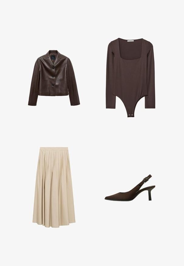 Braune Leder-Cropped-Jacke mit Spitzkragen, drei Knöpfen und zwei vorderen Taschen. Glatte Textur mit strukturierter Form.; Brauner Langarm-Body mit quadratischem Ausschnitt und Druckknöpfen im Schritt, hergestellt aus einem glatten, dehnbaren Stoff.; Faltenrock in Midilänge aus beigem Stoff mit glatter Textur und breitem Saum. Schlichter Bund mit vertikalen Falten, die Volumen verleihen.; Braun Wildleder Slingback-Pumps mit spitzem Zeh, schlankem Design, dünnem Absatz und einer Schnallenakzent auf dem Knöchelriemen.