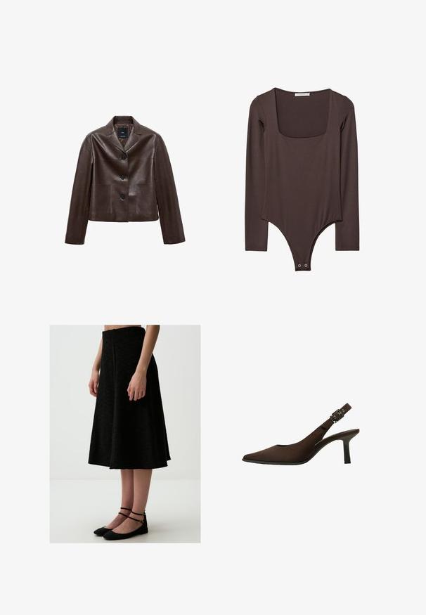 Brązowa skórzana kurtka o kroju krótkim z klapami, trzema guzikami i dwoma przednimi kieszeniami. Gładka faktura z wyraźnie zarysowanym kształtem.; Brązowy body z długim rękawem, z kwadratowym dekoltem i zatrzaskami w okolicy krocza, wykonane z gładkiego, elastycznego materiału.; Czarna spódnica w kształcie litery A, wykonana z teksturowanej tkaniny, o średniej długości i czystym pasku w talii, zestawiona z czarnymi płaskimi butami na kostkę.; Brązowe zamszowe czółenka na pasek z odkrytą piętą, z wydłużonym noskiem, eleganckim fasonem, cienką szpilką oraz z akcentem klamry na pasku wokół kostki.