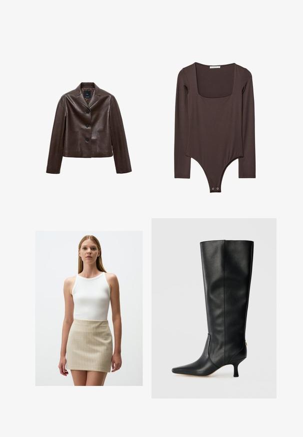 Braune Leder-Cropped-Jacke mit Spitzkragen, drei Knöpfen und zwei vorderen Taschen. Glatte Textur mit strukturierter Form.; Brauner Langarm-Body mit quadratischem Ausschnitt und Druckknöpfen im Schritt, hergestellt aus einem glatten, dehnbaren Stoff.; Weißes, geripptes Tanktop, kombiniert mit einem beigefarbenen Minirock mit hellen vertikalen Streifen. Glatte Texturen und enganliegendes Design.; Schwarze Lederknöchelhohe Stiefel mit spitzem Zeh, schlankem Design und taperiertem 8 cm Absatz. Mit einem goldenen Akzent auf der Rückseite.
