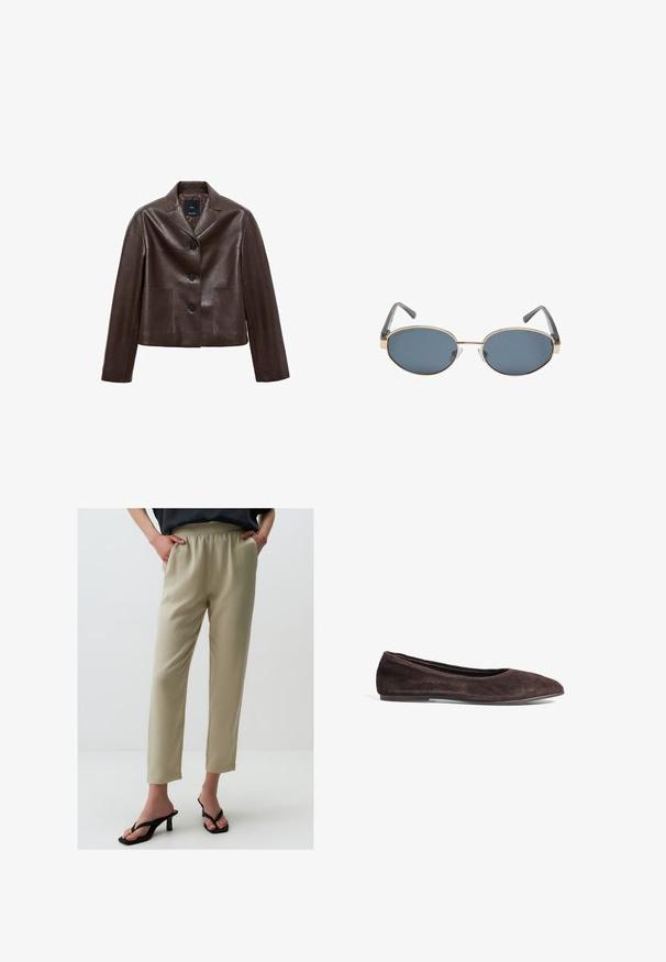 Braune Leder-Cropped-Jacke mit Spitzkragen, drei Knöpfen und zwei vorderen Taschen. Glatte Textur mit strukturierter Form.; Brauner schulterfreier Body mit quadratischem Ausschnitt, aus weichem Stoff gefertigt. Verfügt über einen Druckknopfverschluss am Boden und eine taillierte Silhouette.; Hellbeige, hochtaillierte Hose mit einem elastischen Bund, geraden Beinen und glatter Textur. Kombiniert mit schwarzen, Absatzsandalen.; Braune Wildleder-Ballerinas mit spitzem Absatz und niedrigem Profil. Verfügt über eine glatte Textur und ein minimalistisches Design. Keine sichtbaren Beschläge oder Akzente.; Eckige Sonnenbrille mit dunklen Gläsern, goldenen Metallrahmen und grauen Bügeln. Die Rahmen zeichnen sich durch ein minimalistisches Design mit einem dezenten Brückenakzent aus.